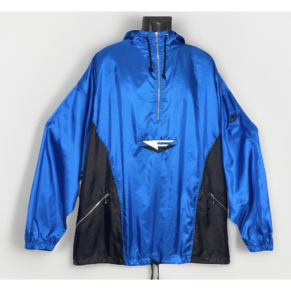 VTG 90s LG Nike Flight Windbreaker Hood Blue Half Zip Embroider Jacket F20307TWA
